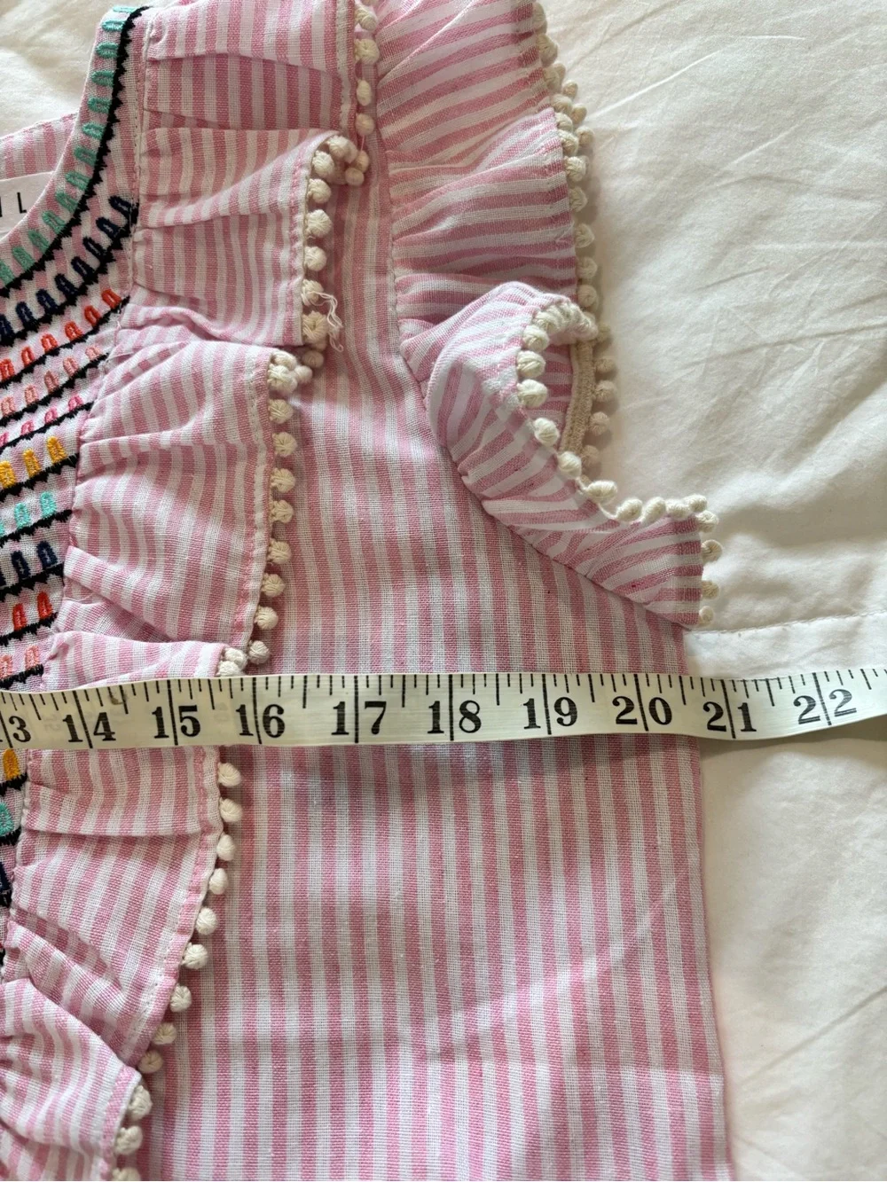 THML Sz L Embroidered Cotton Top Ruffled Sleeves  Pink White Stripes Cottagecore - Picture 8 of 10